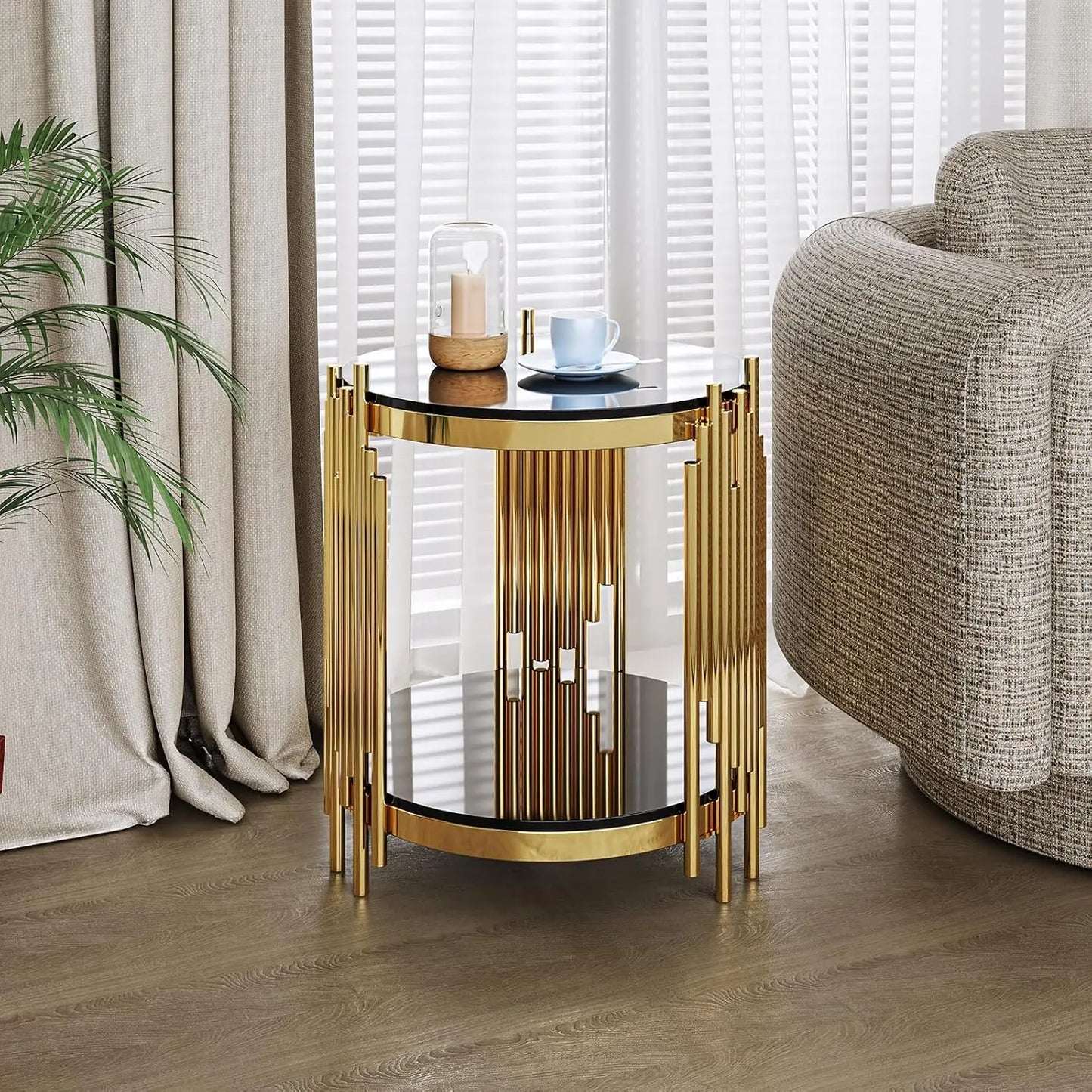 17.72" Round Sofa Side Table, 2-Tier Black Tempered Glass End Table with Gold Stainless Steel Frame for Living, Customized