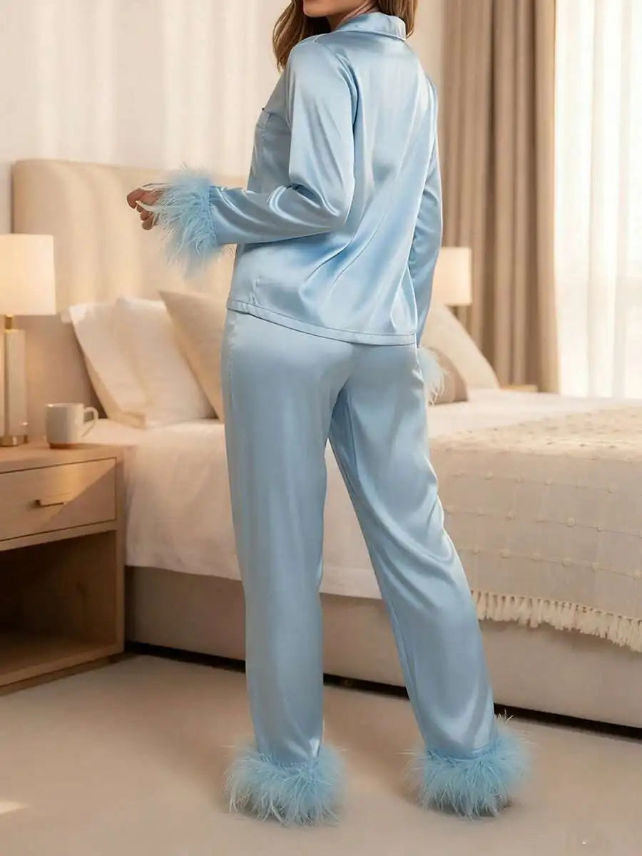 Women's Light Blue Satin Pajama Set with Feather Trim Long Sleeve Button-Up Top and Pants