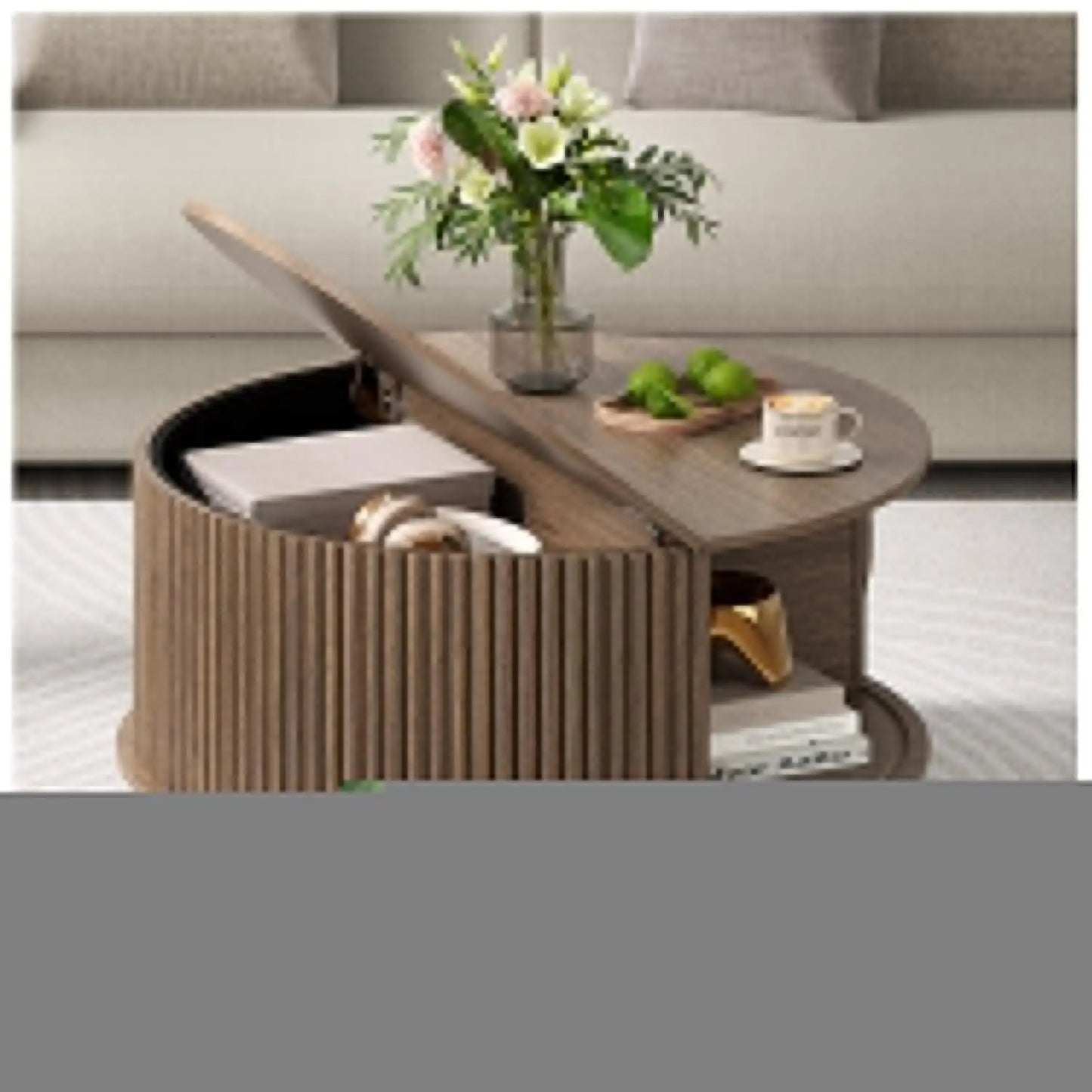 Round Coffee Table with Storage, 31.5" Fluted Center Table for Living Room, Modern Walnut Wood Circle Drum Table, Customized