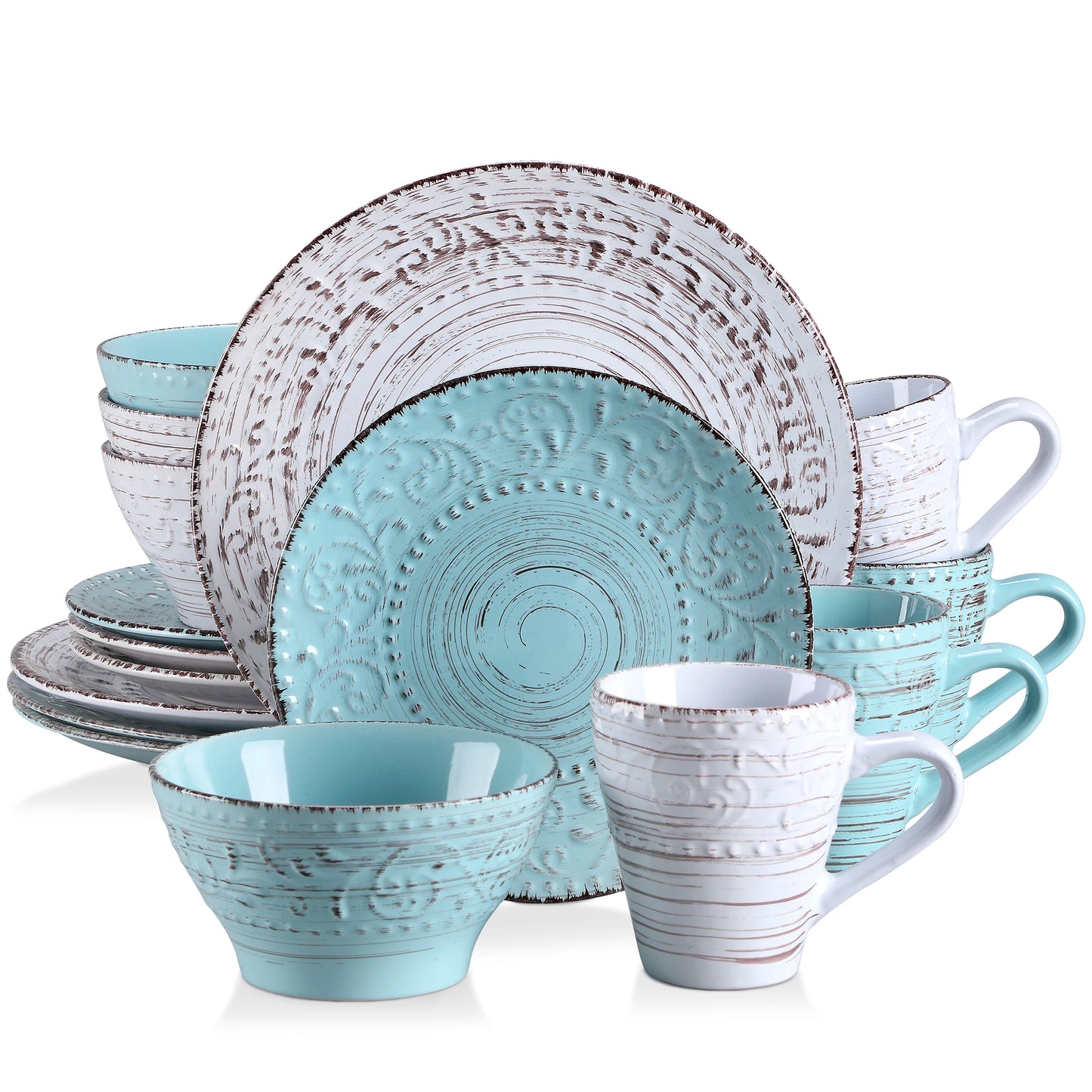 MALACASA Ceramic Dinnerware Set for 4 Plates, Bowls, Mugs