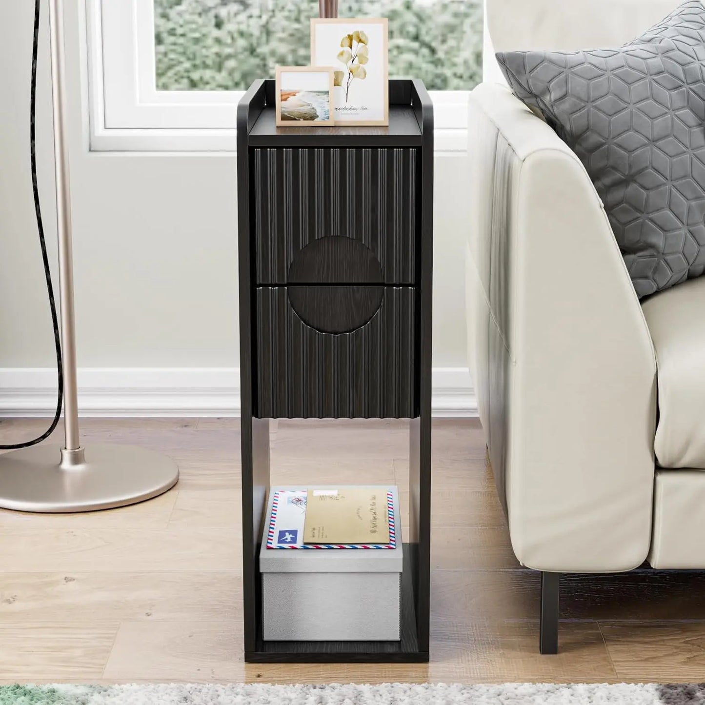 Narrow Fluted Wooden Nightstand With 2 Drawers Slim Bedside Cabinet