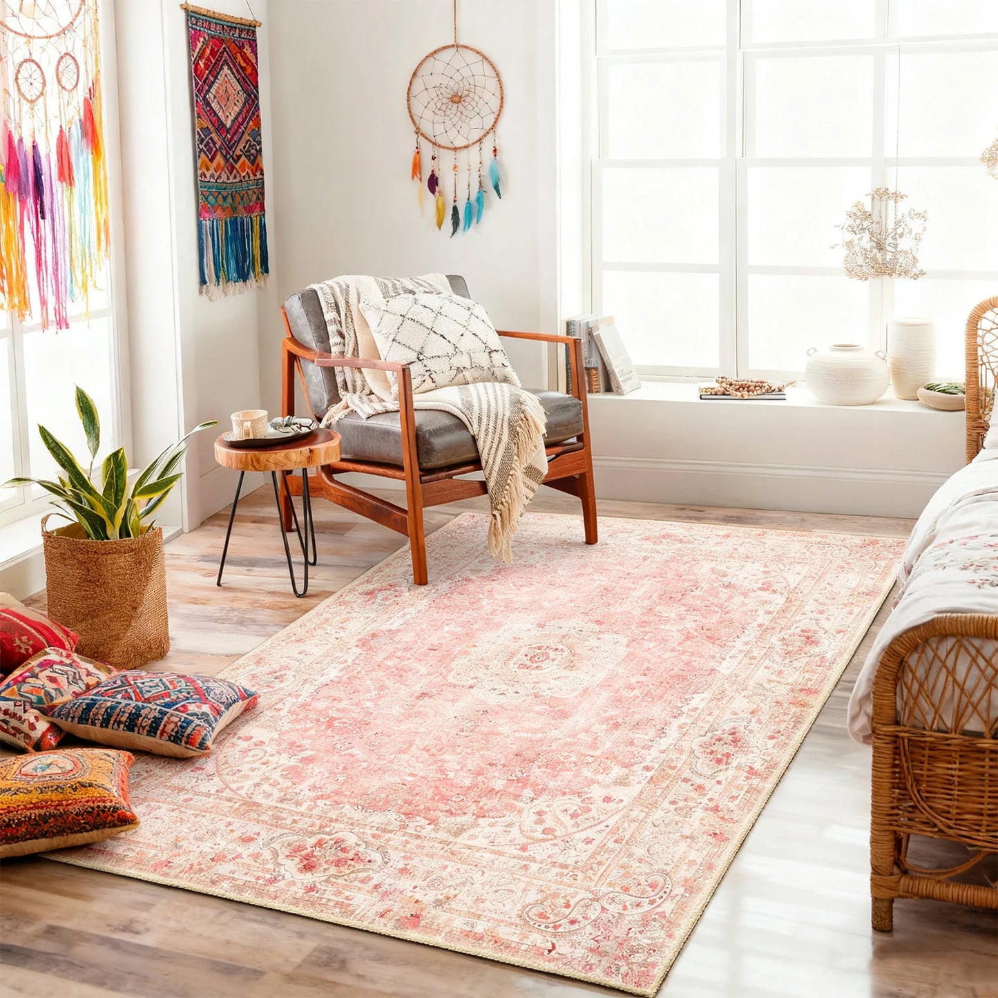 Washable Kilim Floral Living Room Carpet Rug Polyester