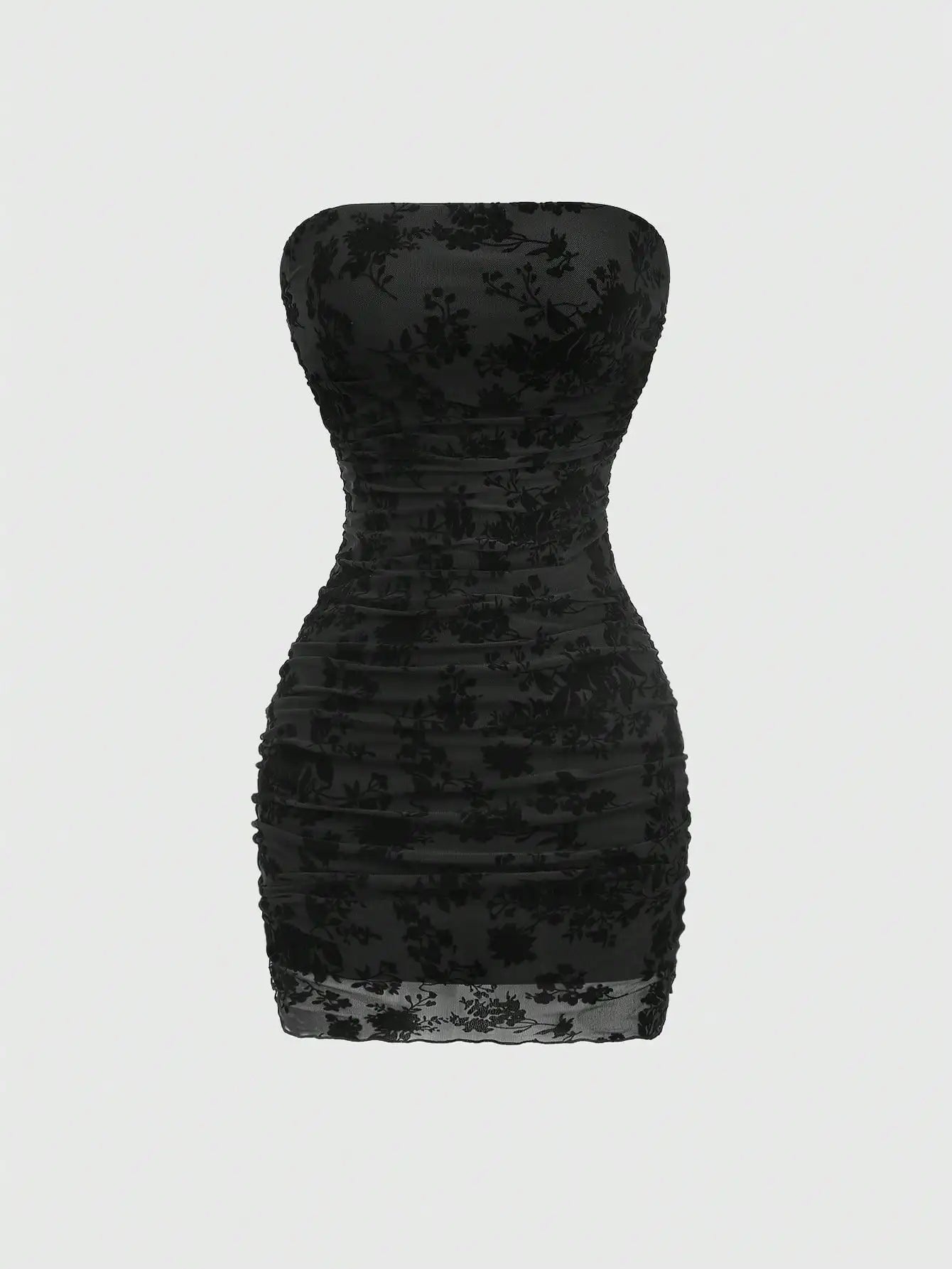Velvet Floral Print Strapless Ruched Bodycon Mini Dress