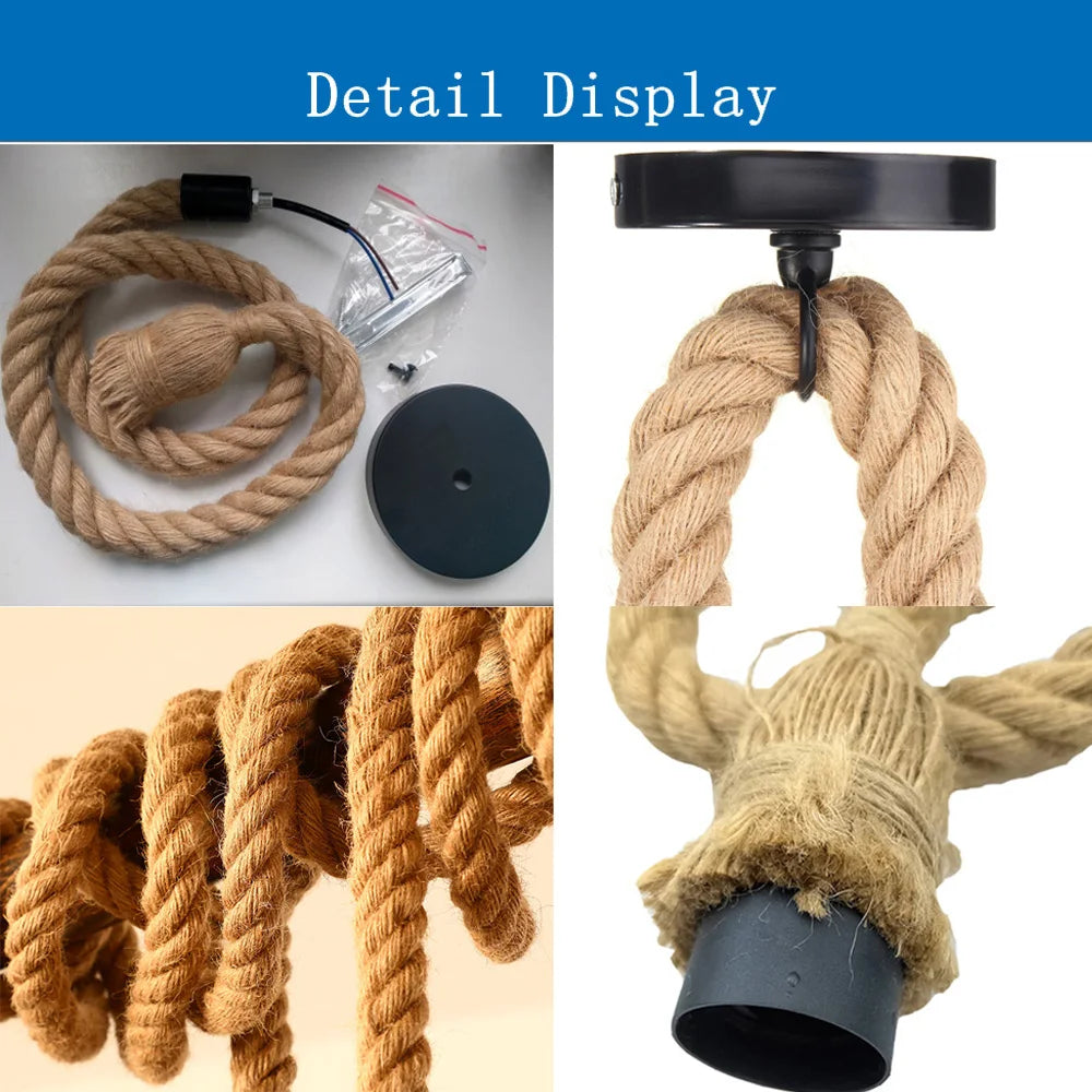 COOINJOY Industrial E27 Hemp Rope Pendant Lights