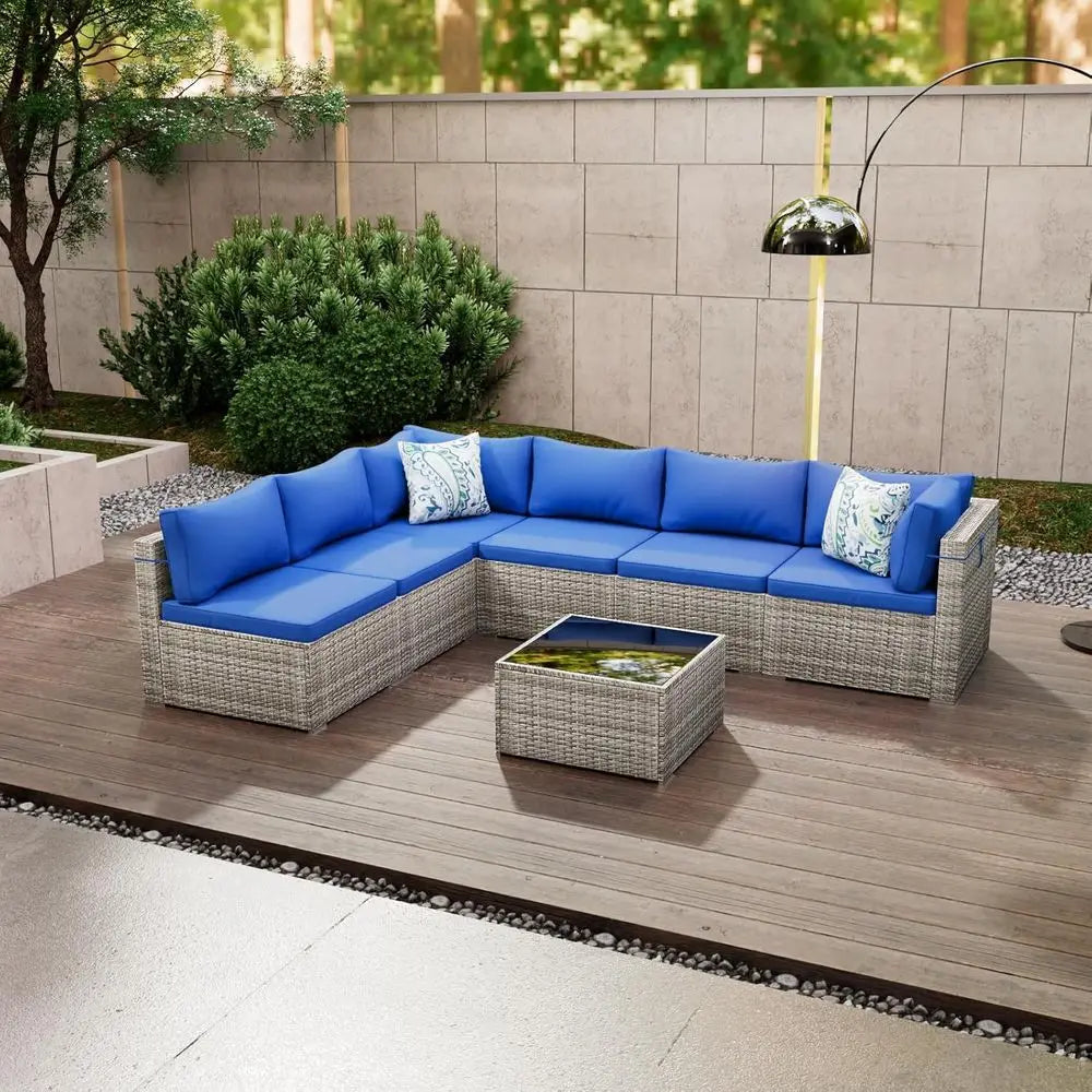 7-Piece Outdoor Wicker Sectional Sofa Set With Glass Table Weather-Resistant