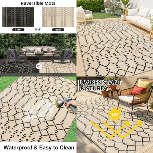 Outdoor Reversible Plastic Straw Rug, Waterproof Boho Patio Mat