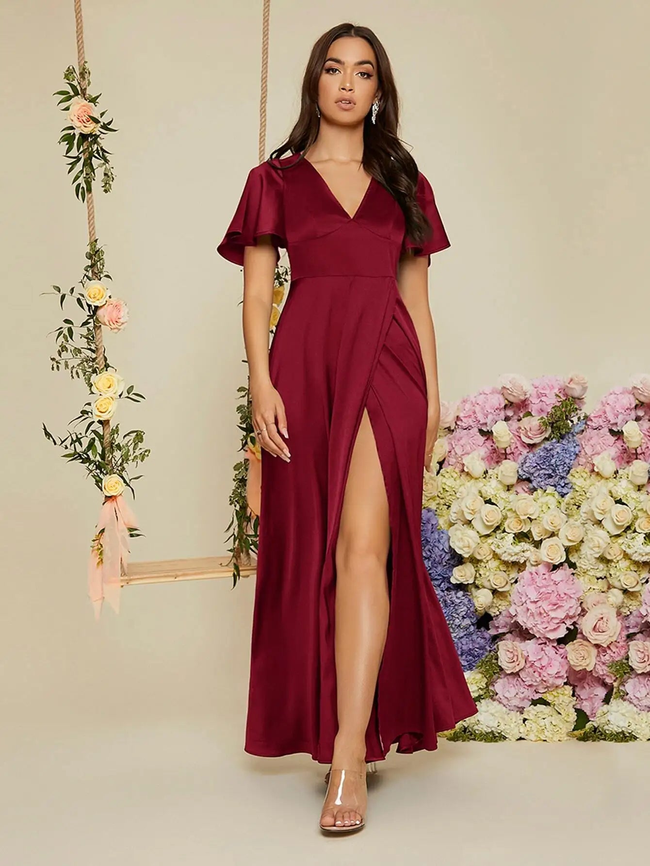 Satin Wrap Dress With Flutter Sleeves And High Slit