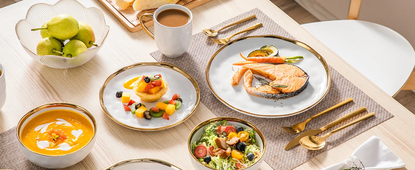 MALACASA White Stoneware Dinnerware Set With Gold Trim