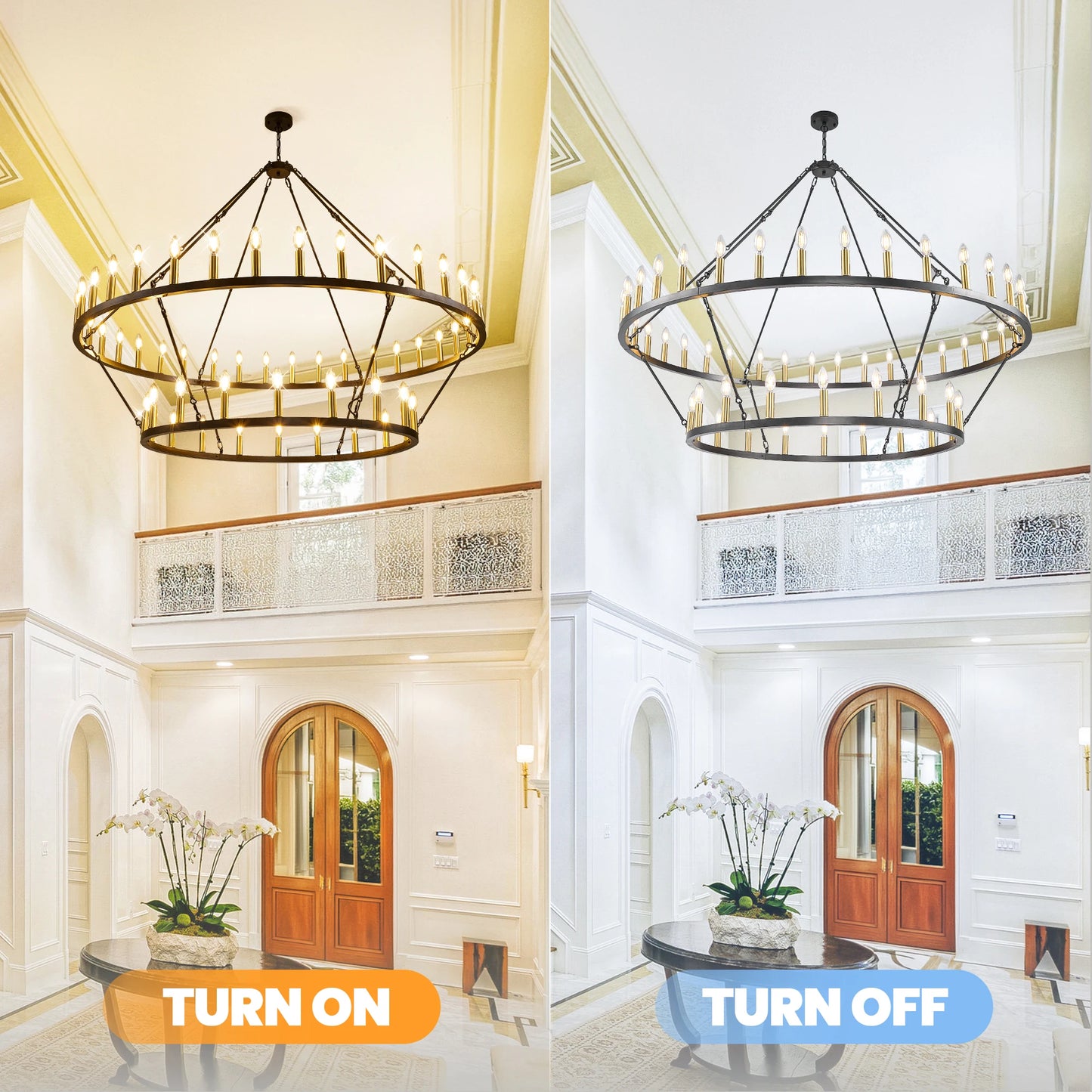 60'' Extra Large Wagon Wheel Chandelier 2 Tier 54-Light Farmhouse Pendant Light Fixture Round  Hanging Lighting for High Ceiling