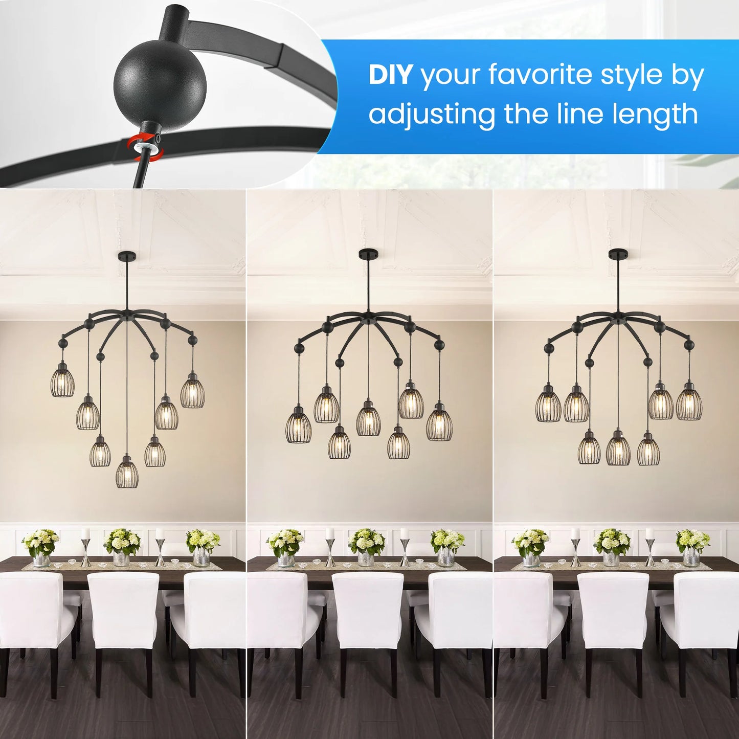 Modern Contemporary Lighting Industrial Adjustable Farmhouse Chandelier Unique Metal Cage with Black Rope Pendant Light Fixture