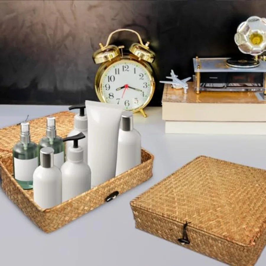 Seagrass Basket With Lid Set For Woven Storage Organizer