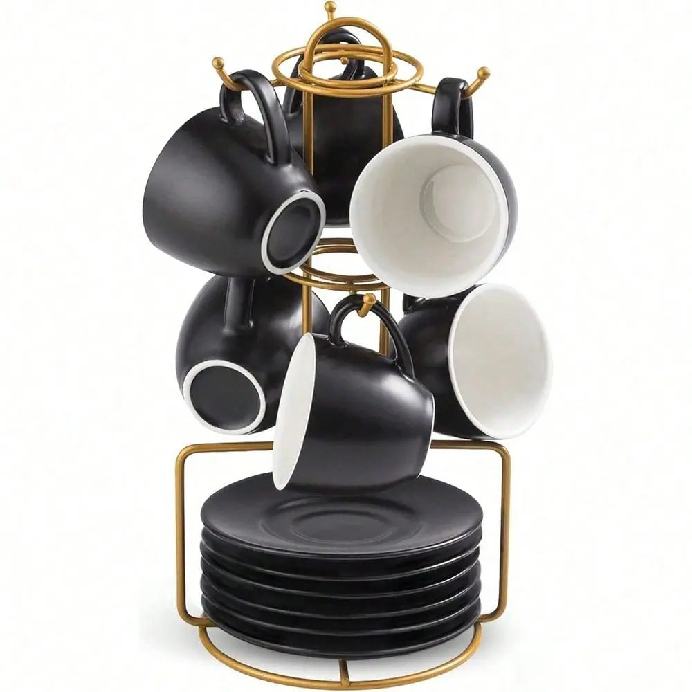Ceramic Espresso Cups With Saucers And Metal Stand