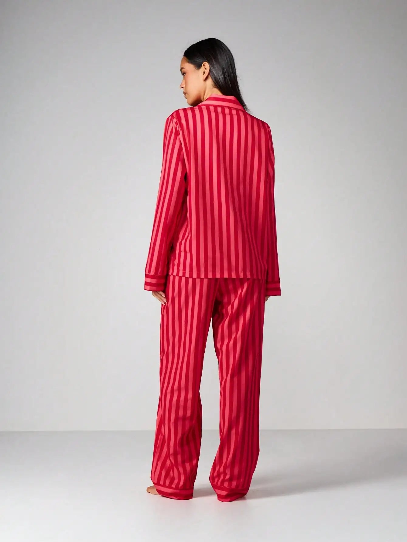Red and Pink Striped Long Sleeve Button-Up Pajama Set for Women
