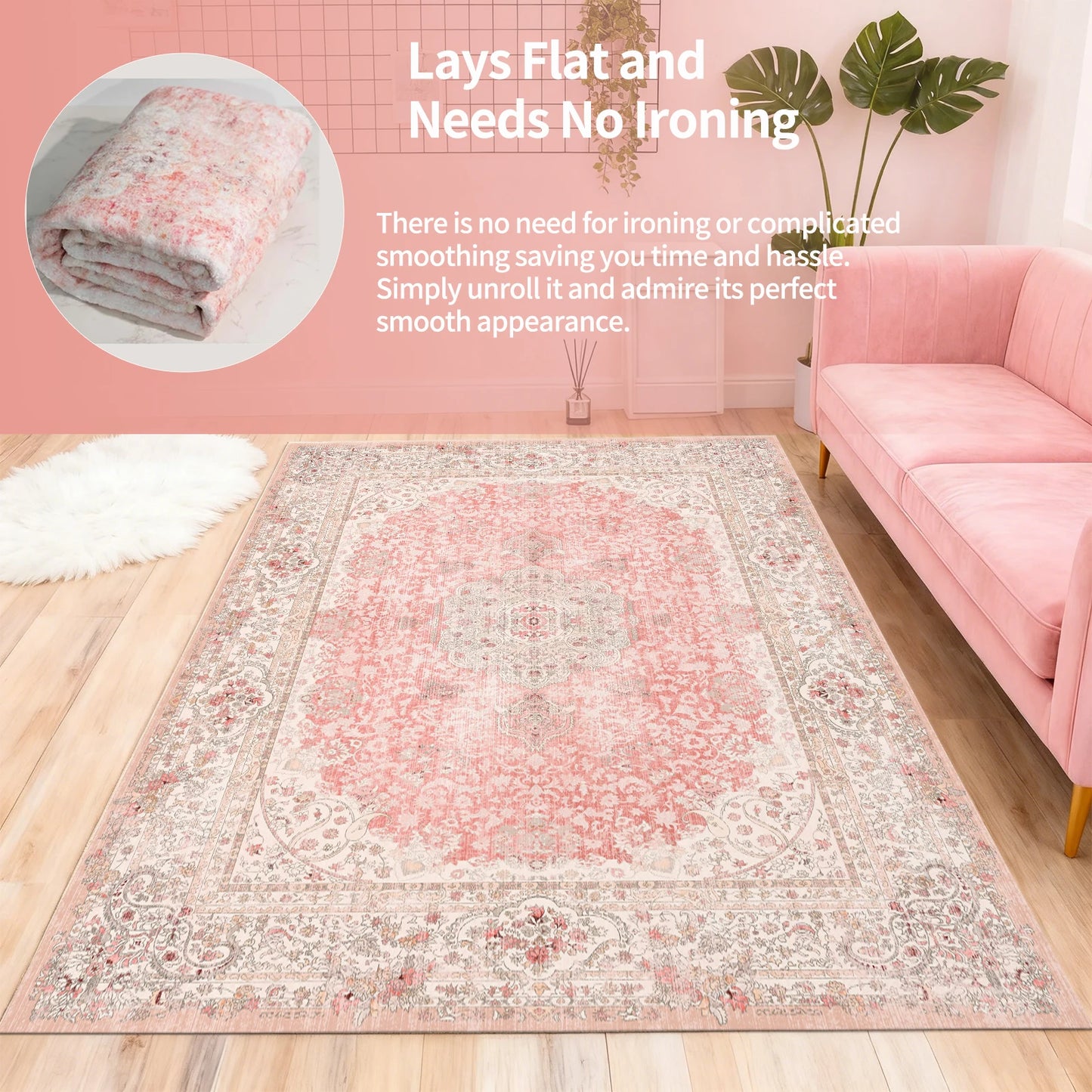 Washable Kilim Floral Living Room Carpet Rug Polyester