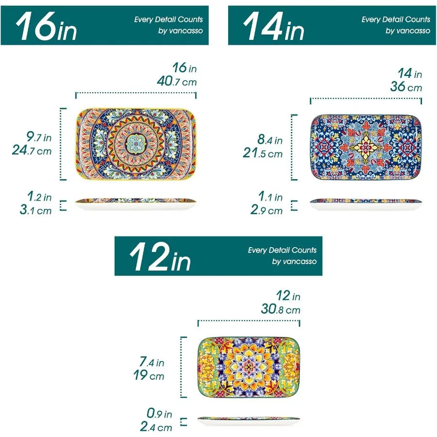 Ceramic Bohemian Serving Platters Set Of 3 Trays Collection