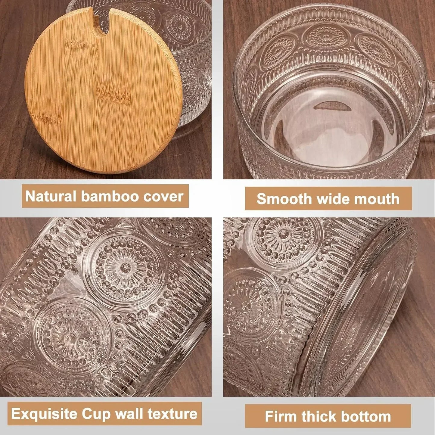 Glass Mugs With Embossed Pattern Bamboo Lids Gold Spoons