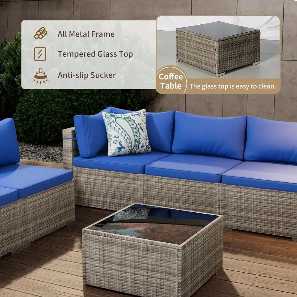 7-Piece Outdoor Wicker Sectional Sofa Set With Glass Table Weather-Resistant