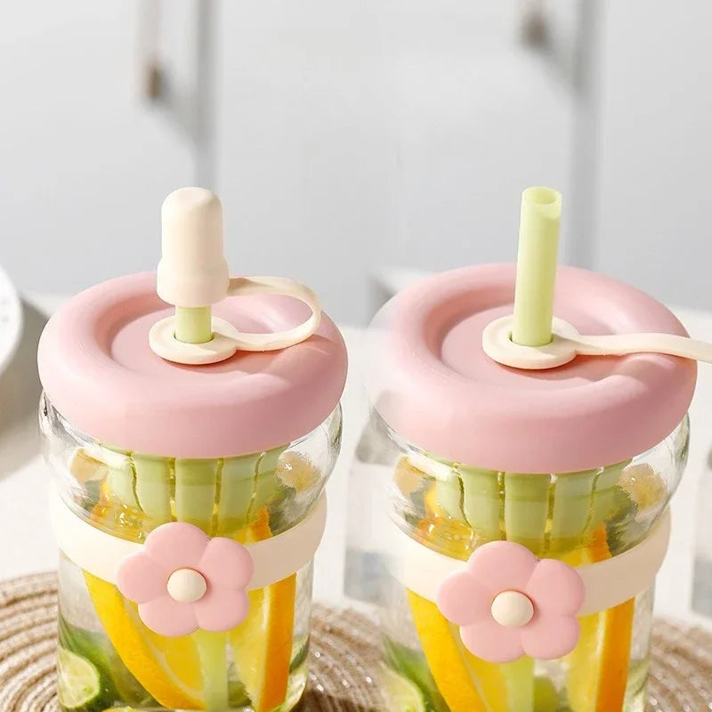 Flower Cup High Aesthetic Glass Portable Straw Cup Water Cup