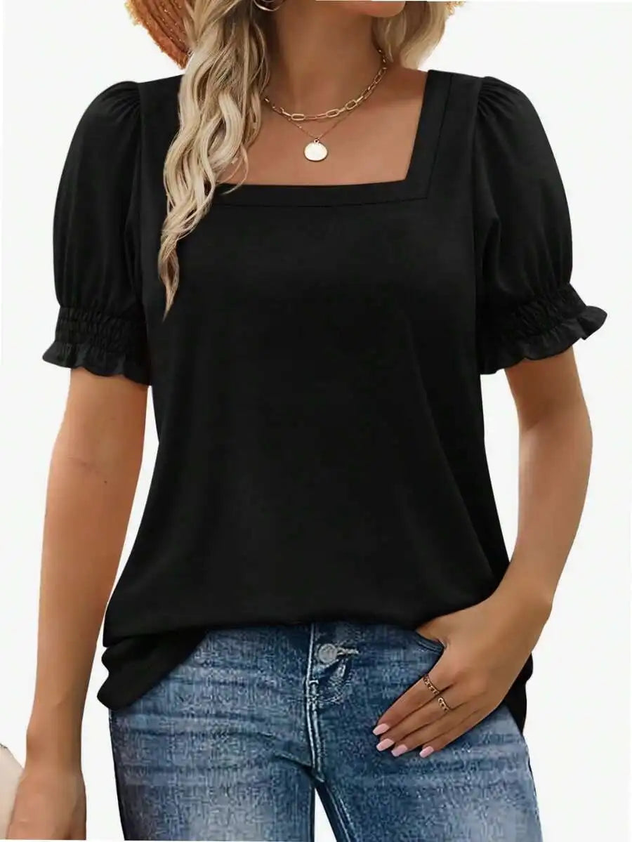 Womens Square Neck Short Sleeve Cotton T Shirt Ruffle Sleeves