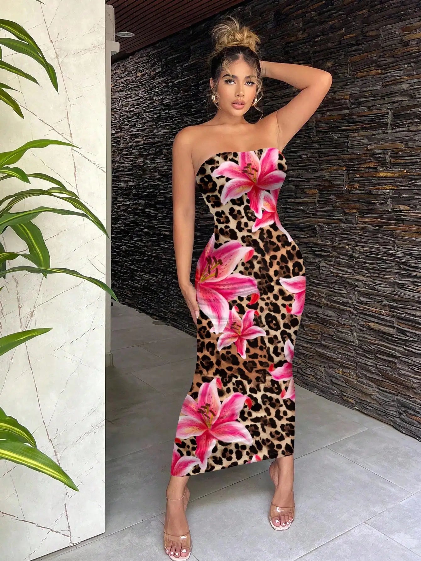 Bohemian Green Tropical Print Strapless Bodycon Dress For Vacation