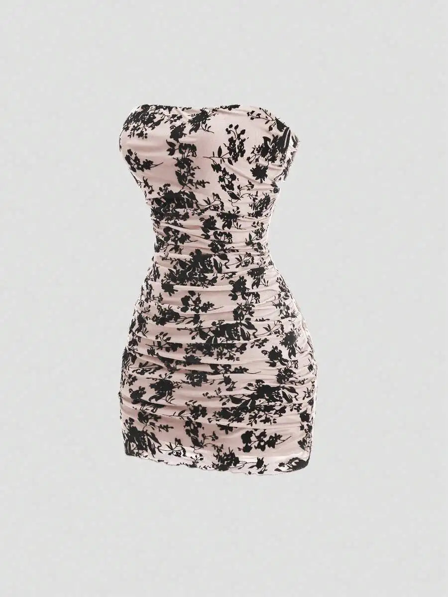 Velvet Floral Print Strapless Ruched Bodycon Mini Dress