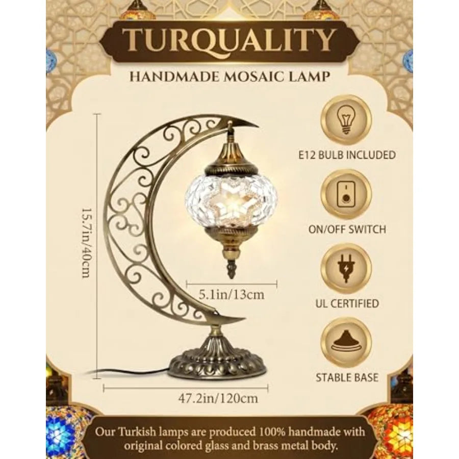 Turkish Mosaic Moon Lamp With Stained Glass Crescent Base