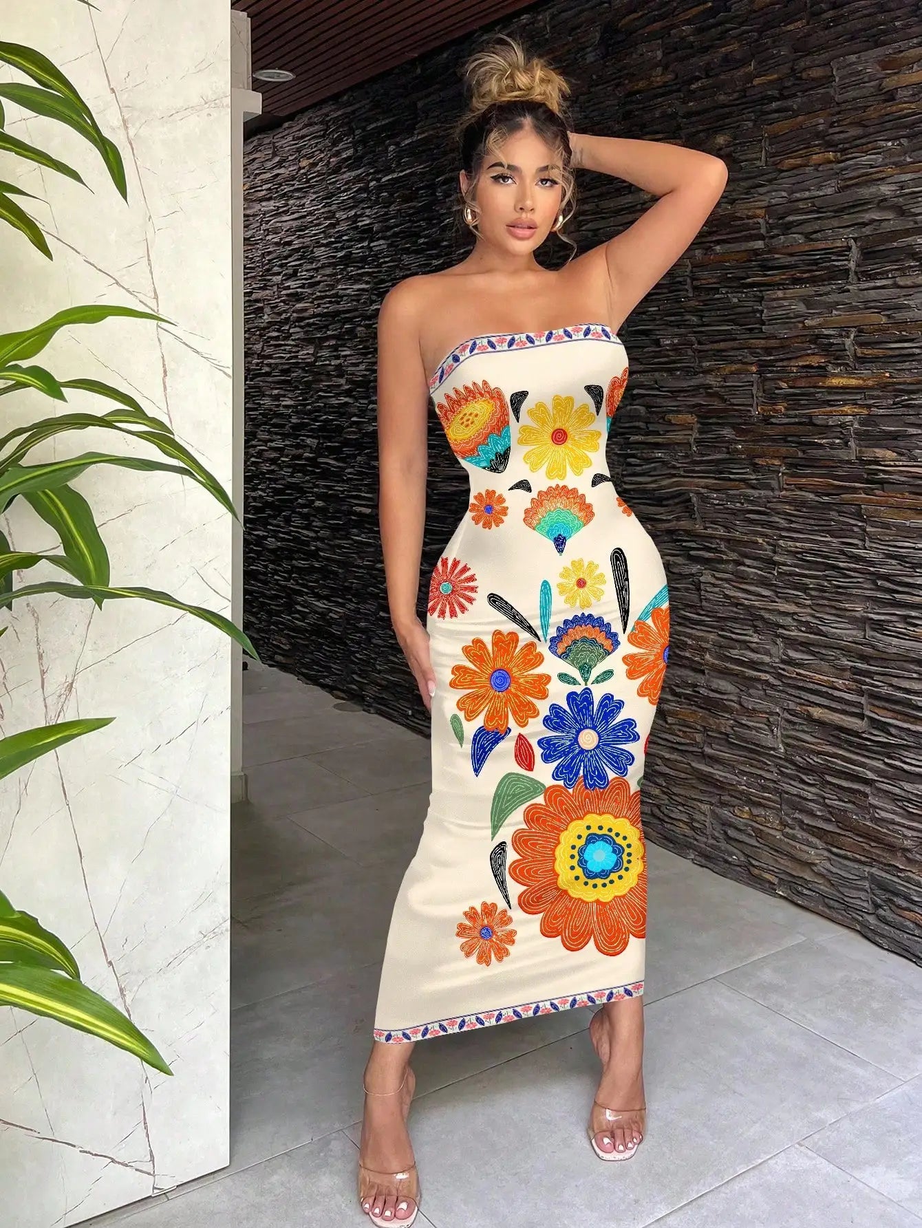 Bohemian Green Tropical Print Strapless Bodycon Dress For Vacation