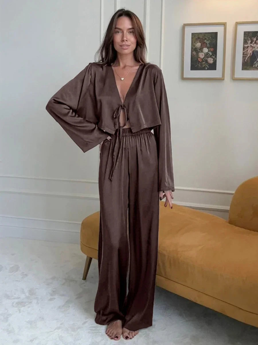 Blubelle Simulation Silk Cardigan Tie Pajamas Two-piece Set Loose Long sleeved Pants Casual Home Clothing Women's Nightgow Set
