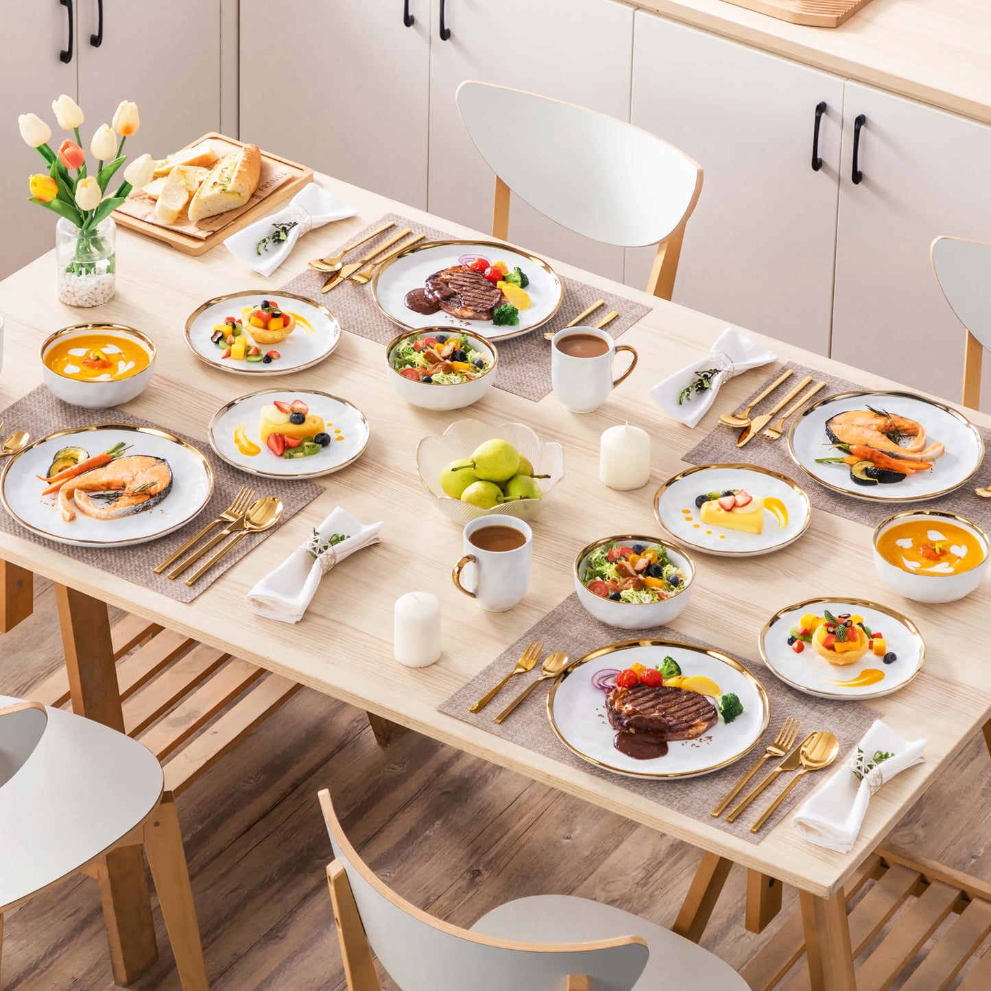 MALACASA White Stoneware Dinnerware Set With Gold Trim