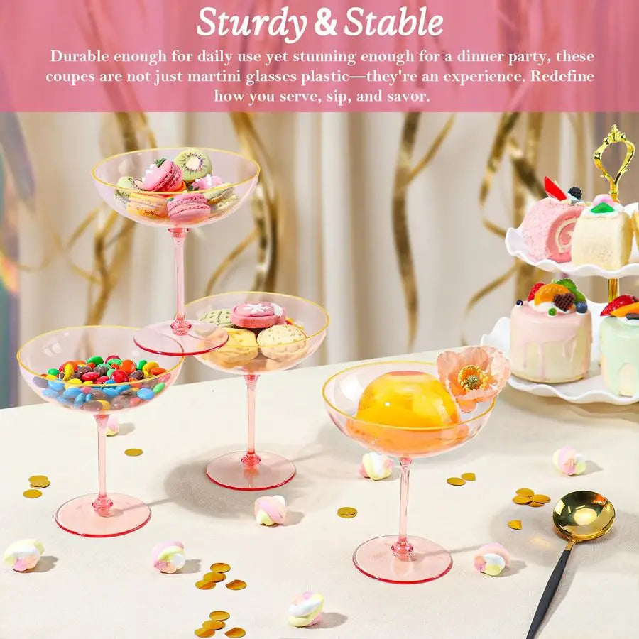 PCS Plastic Coupe Glasses 9 oz Pink Detachable Gold Rim Martini Glass Espresso Champagne Cocktail Cups Disposable Vintage Margar