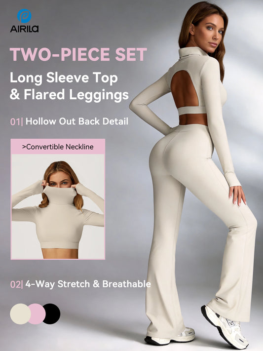 Women's Yoga Set With Back Cutout Turtleneck And Flare Pants