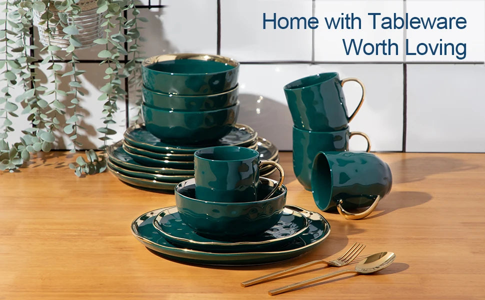 MALACASA Porcelain Dinnerware Set With Gold Trim For Home Use