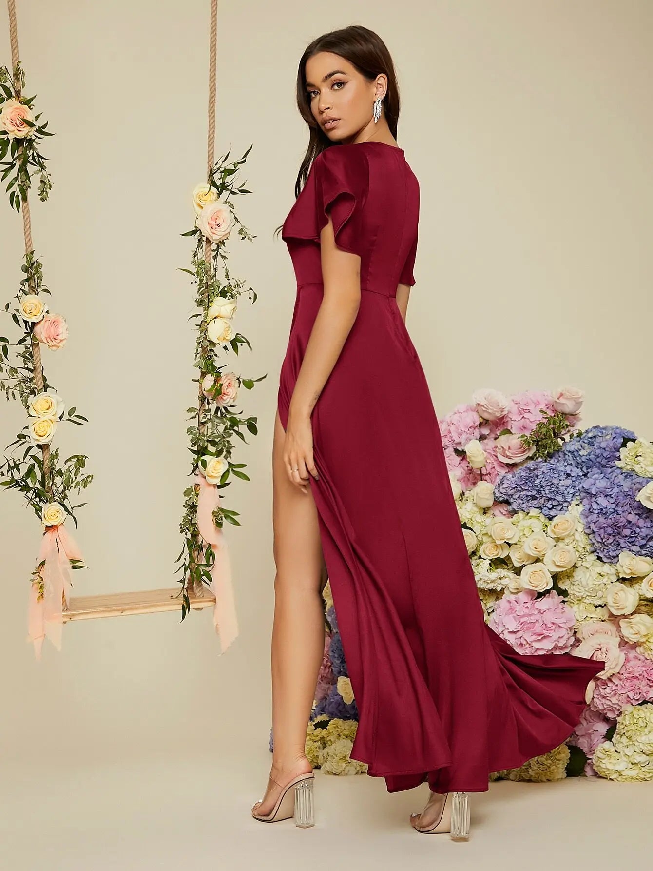 Satin Wrap Dress With Flutter Sleeves And High Slit