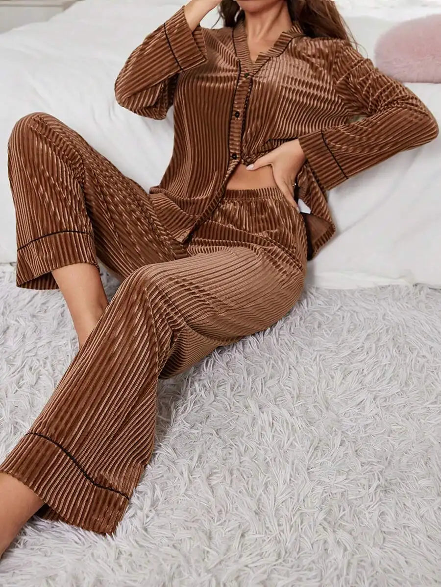 Velvet Long Sleeve Pajama Set With Ribbed Texture
