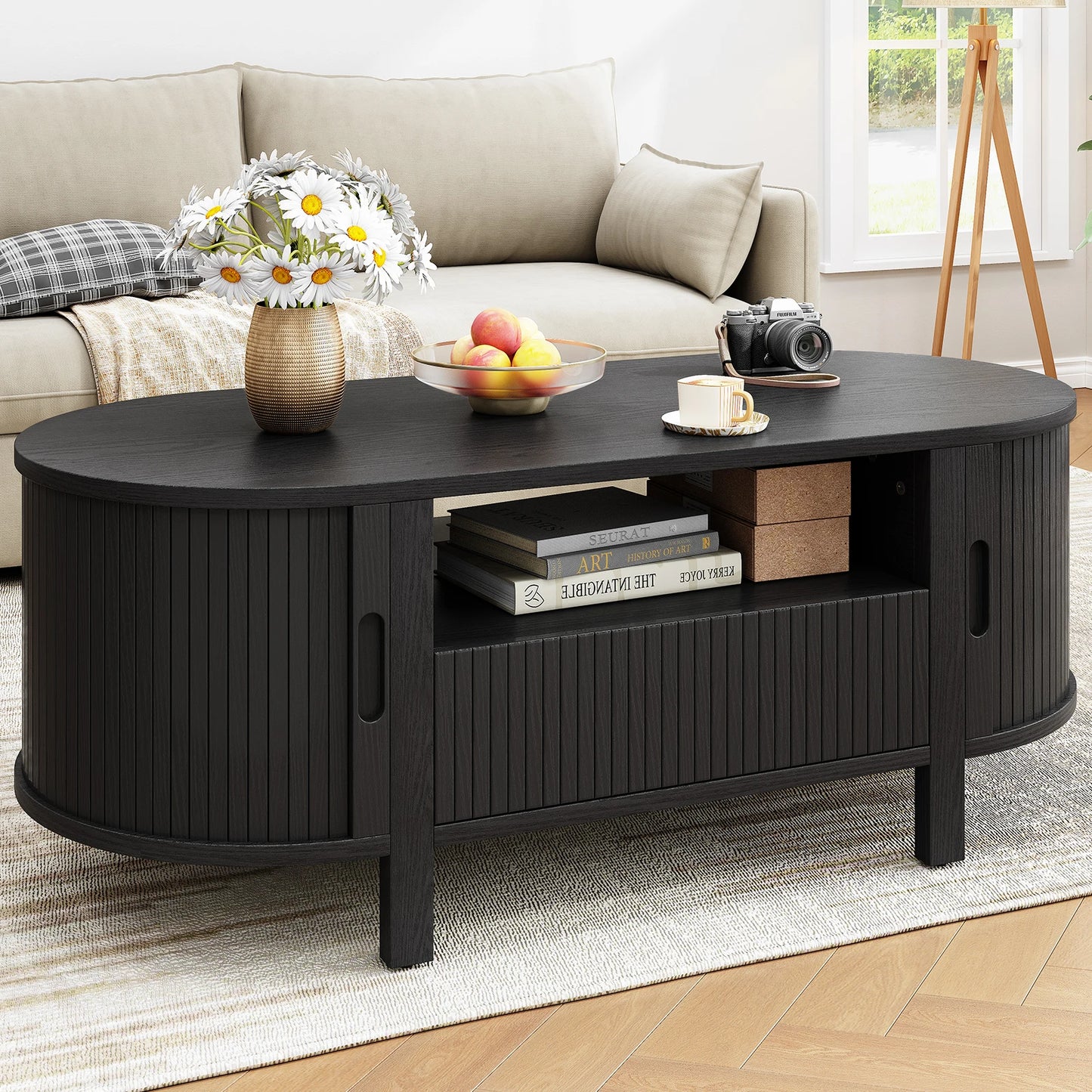 Oval Coffee Table With Cabinets And Sliding Doors Storage