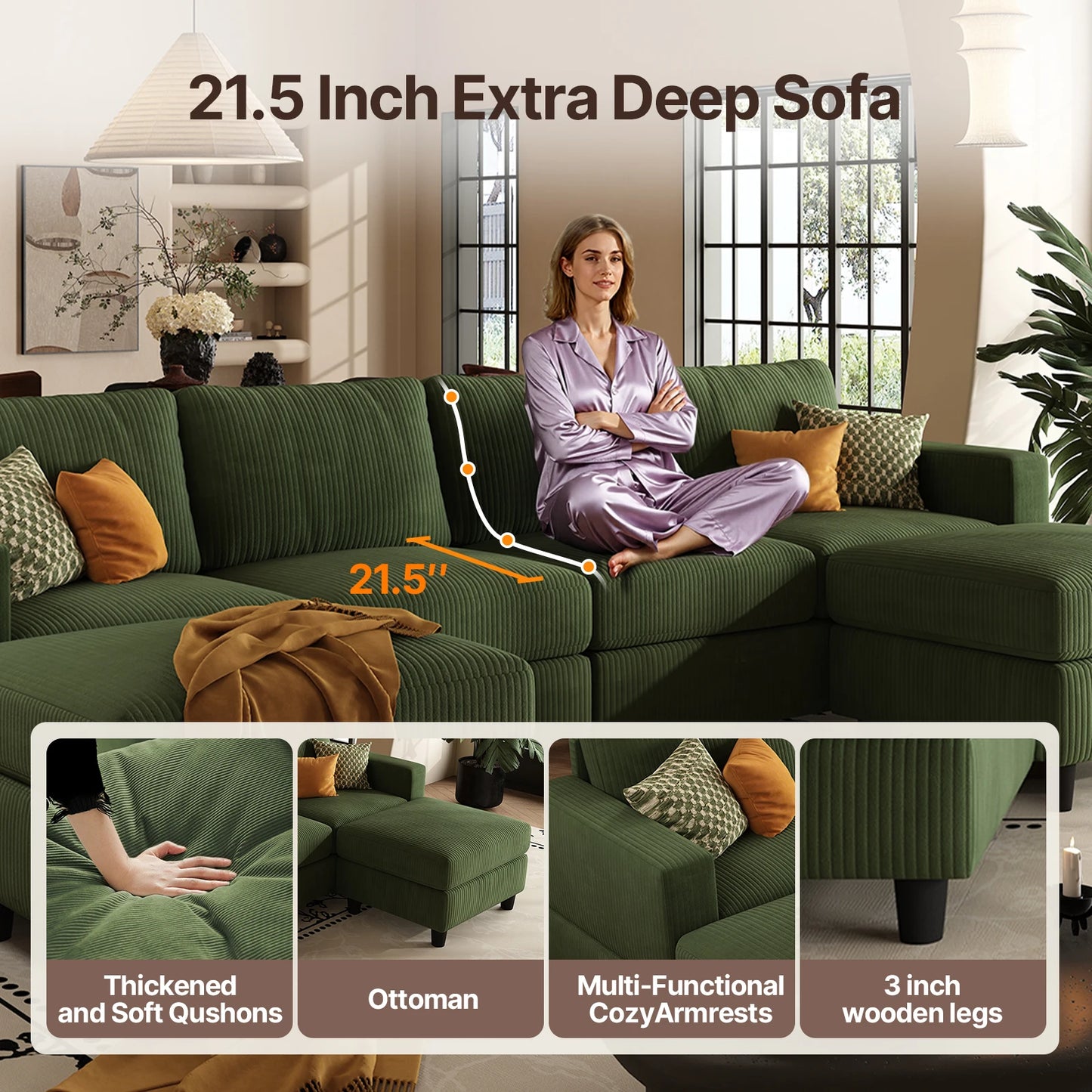 101 Inch Green Corduroy Sectional Sofa, U Shaped Sectional Sofa with 2Ottomans, 6 Seater Convertible Corduroy Sofa, Comfortable