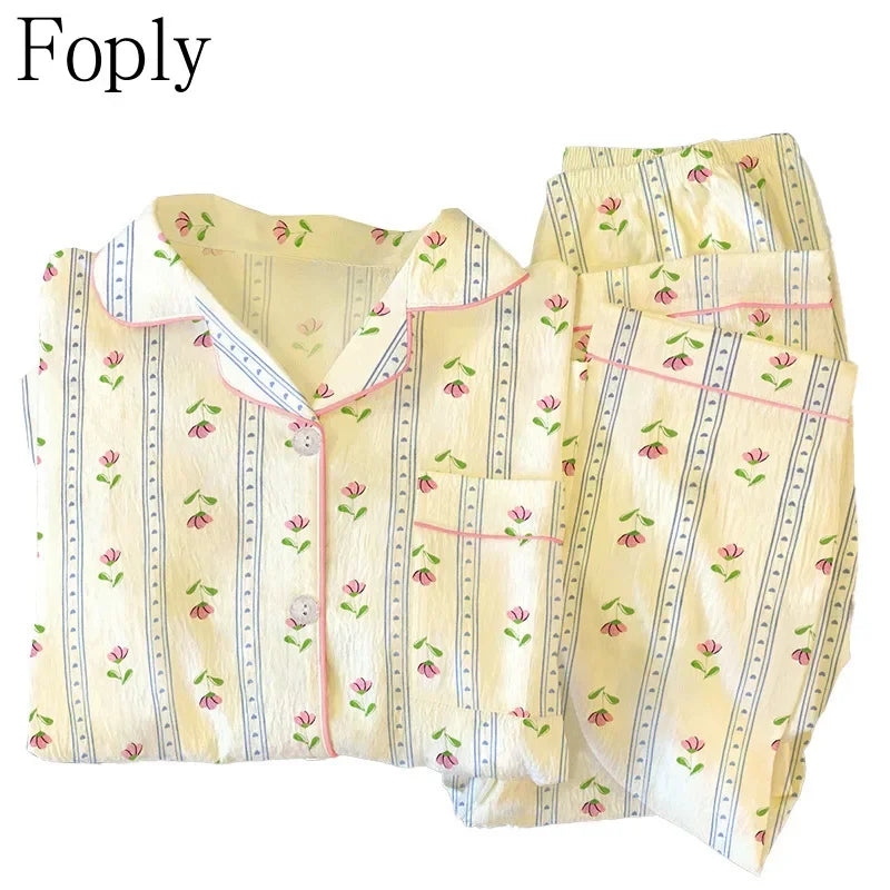 Flower Love Woman Pyjamas Spring Summer 2 Piece Pajama Clouds Cotton Sleepwear Long Sleeve Pants Pijama Mujer Pjs Loungewear