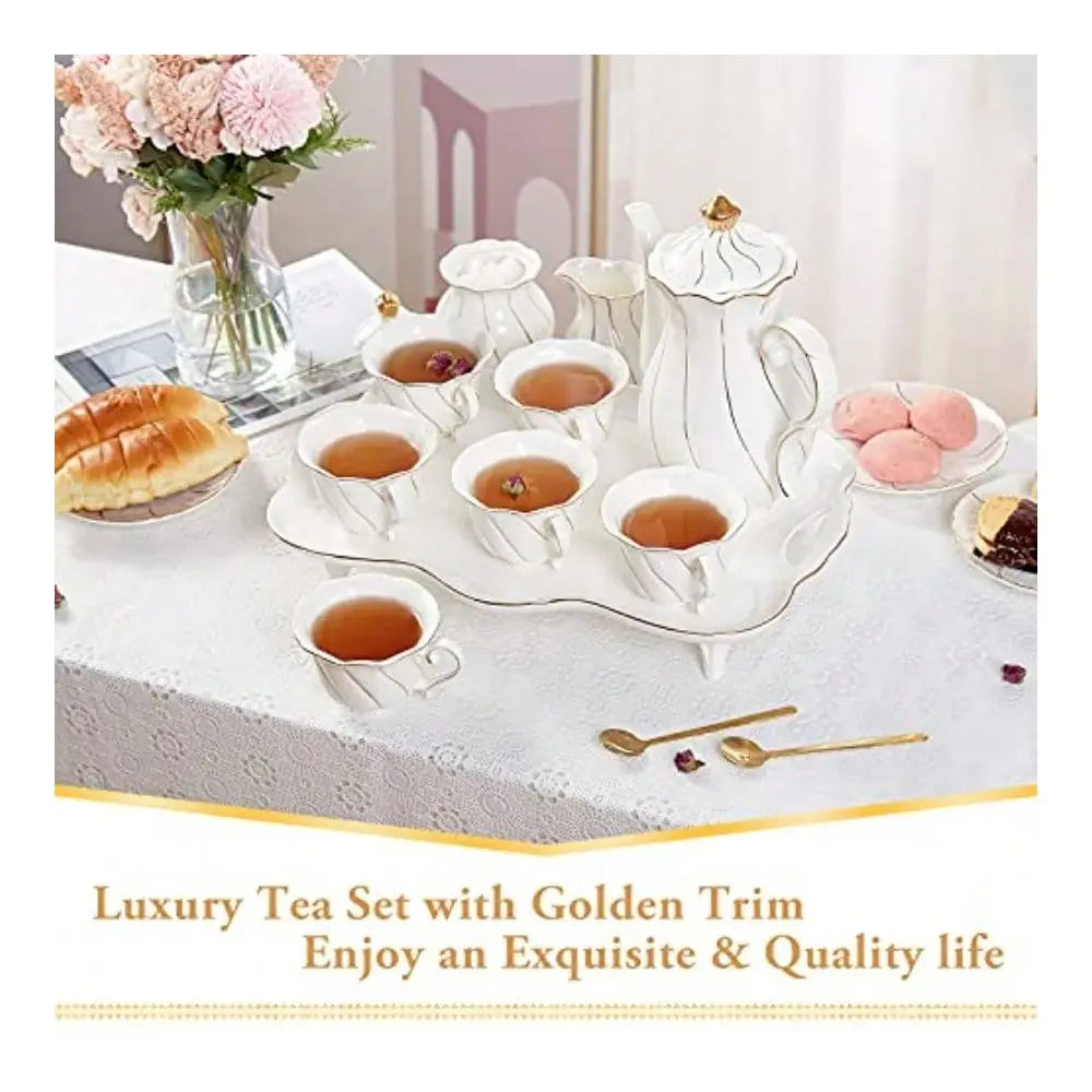 Elegant Porcelain Tea Set for Six with Tray Spoons and Golden Trim