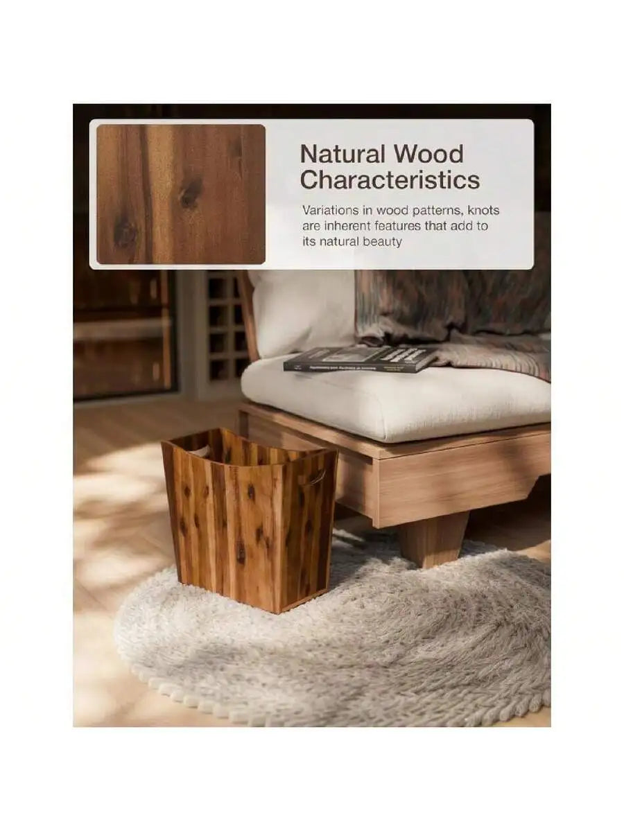 Rectangular Acacia Wood Waste Basket With Handles