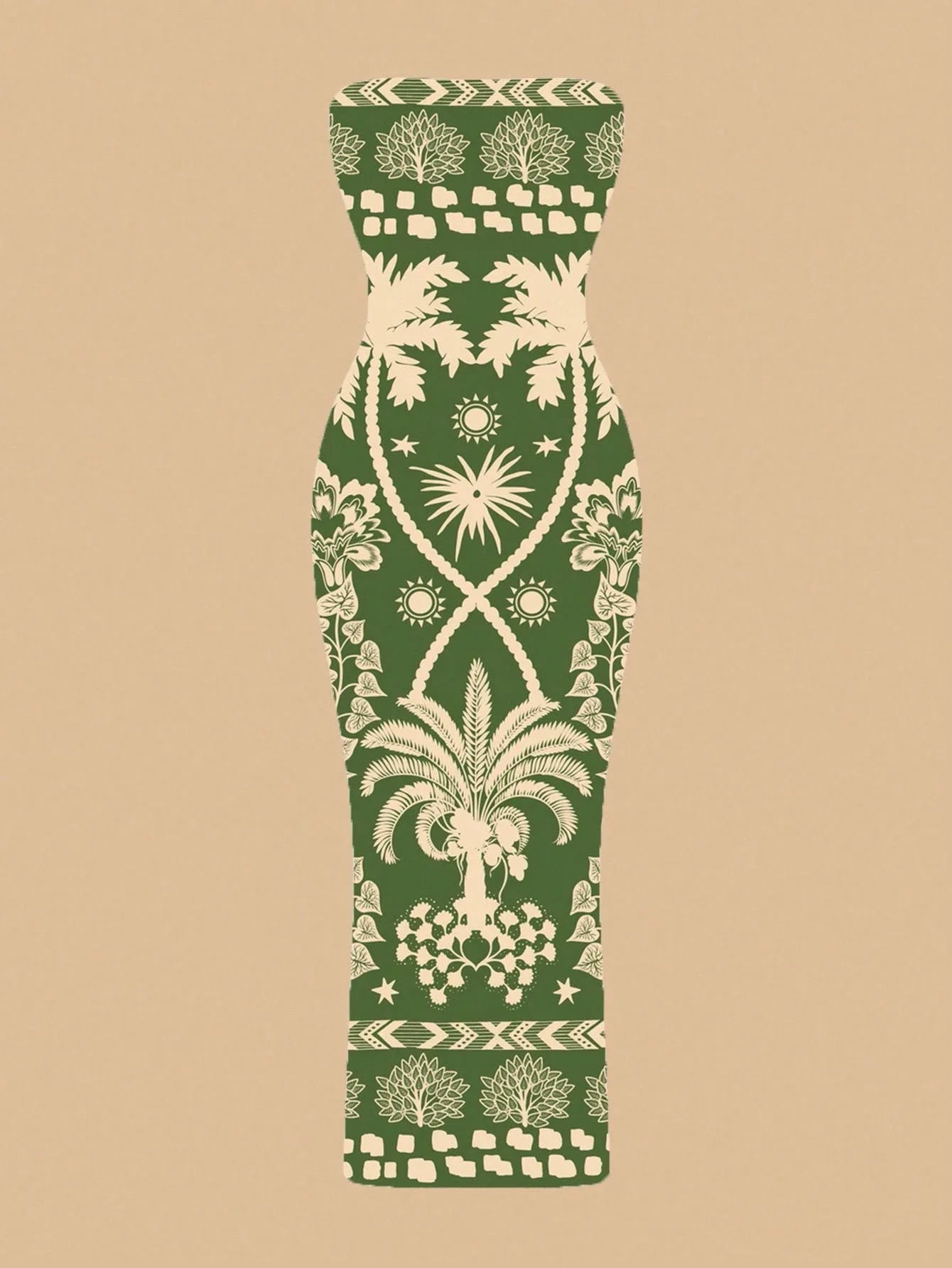 Bohemian Green Tropical Print Strapless Bodycon Dress For Vacation