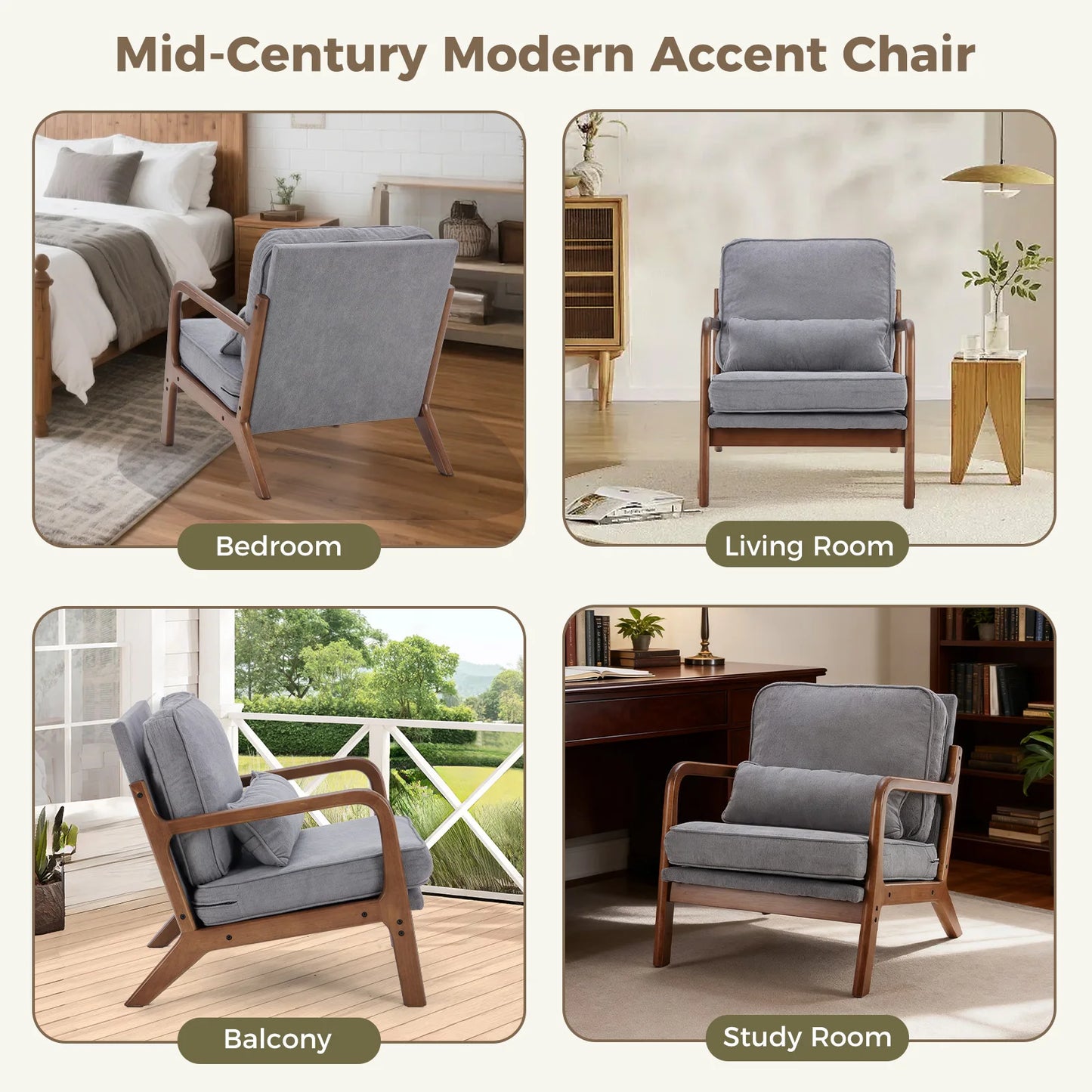 JHK Mid Century Modern Wooden Chair With Armrests And Cushion