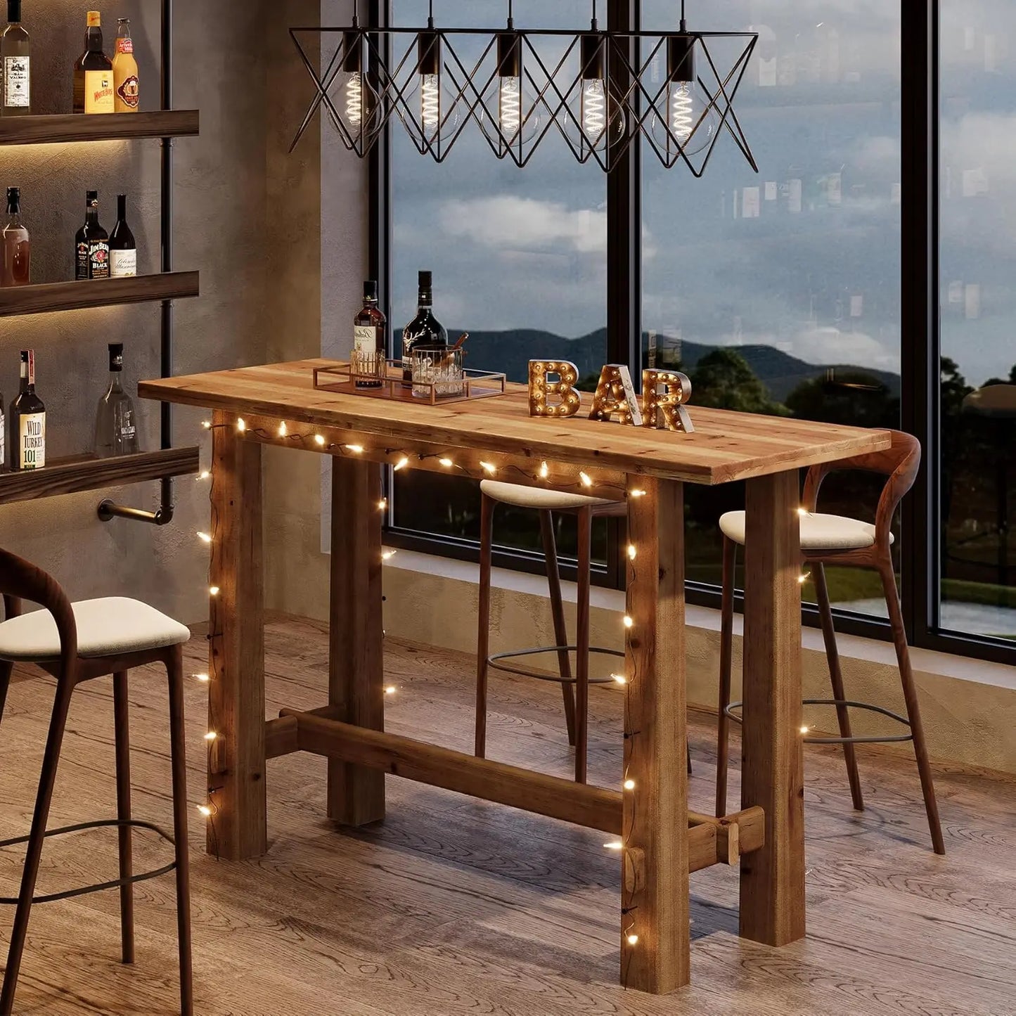 Solid Wood Bar Table, 63" Counter Height Pub Table for 4–6, Rustic Wooden High Top Dining Table for Kitchen & Home, Customized