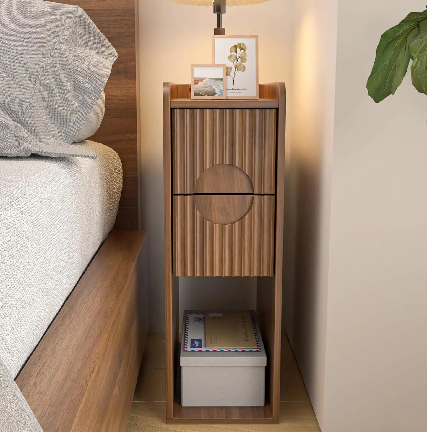 Narrow Fluted Wooden Nightstand With 2 Drawers Slim Bedside Cabinet