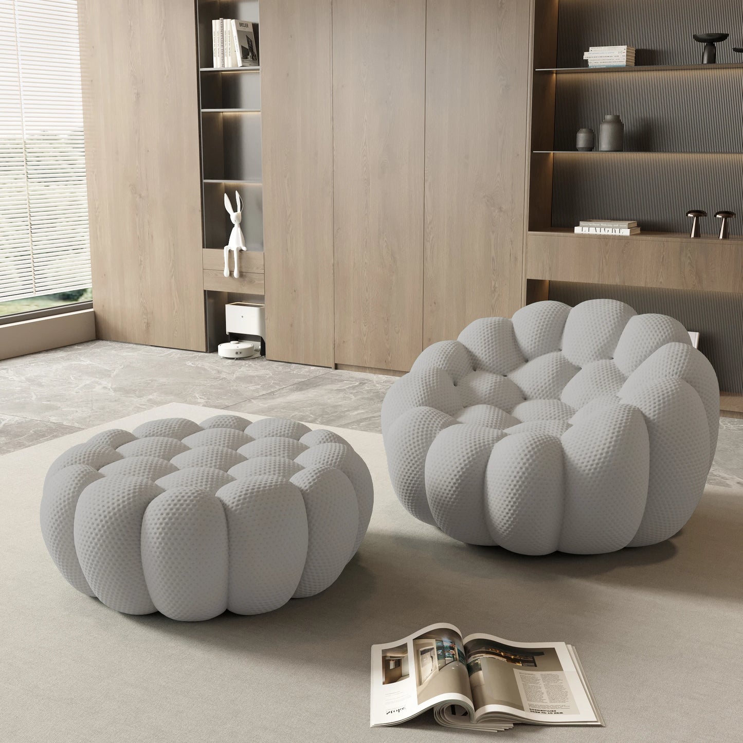 Sdorens Modern Curved Boneless Sofa with Ottoman 3D Honeycomb Mesh Fabric Lazy Floor Chair Living Roon Sets No Assembly Required