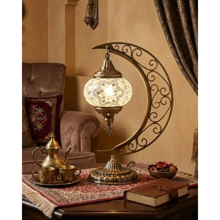Turkish Mosaic Moon Lamp With Stained Glass Crescent Base