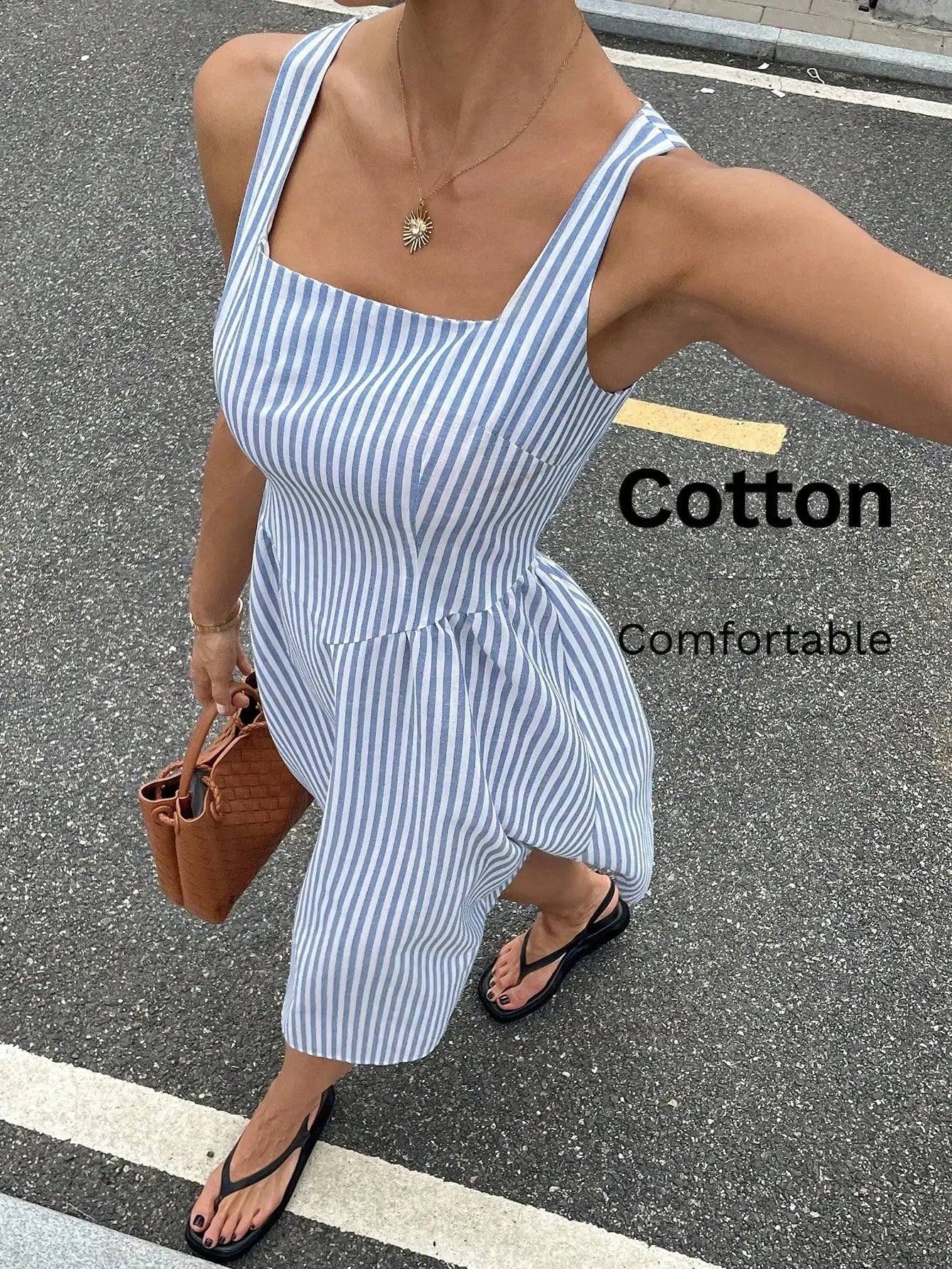 Cotton Square Neck Sleeveless Midi Dress For Women Casual Everyday