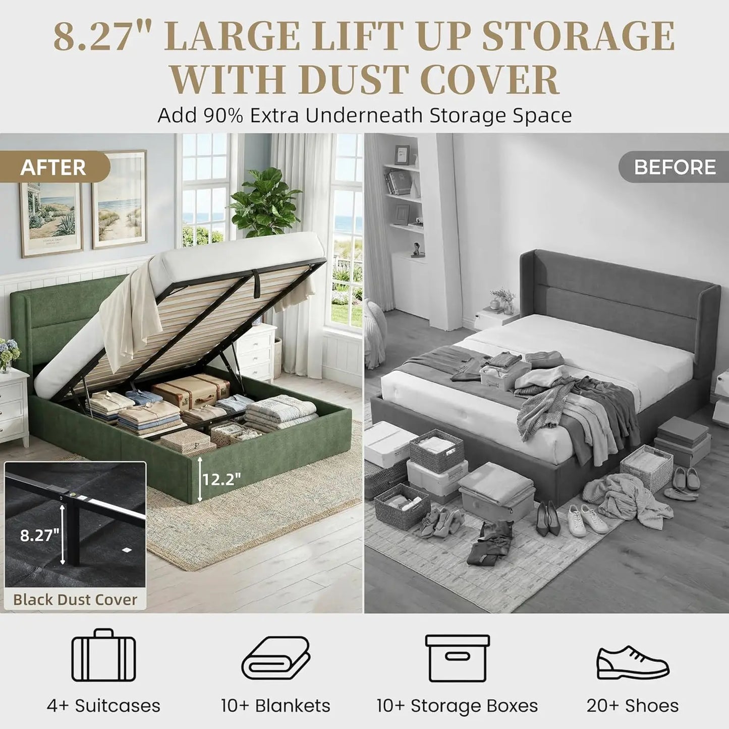 Lift Up Storage Bed Frame With Hydraulic Wingback Headboard