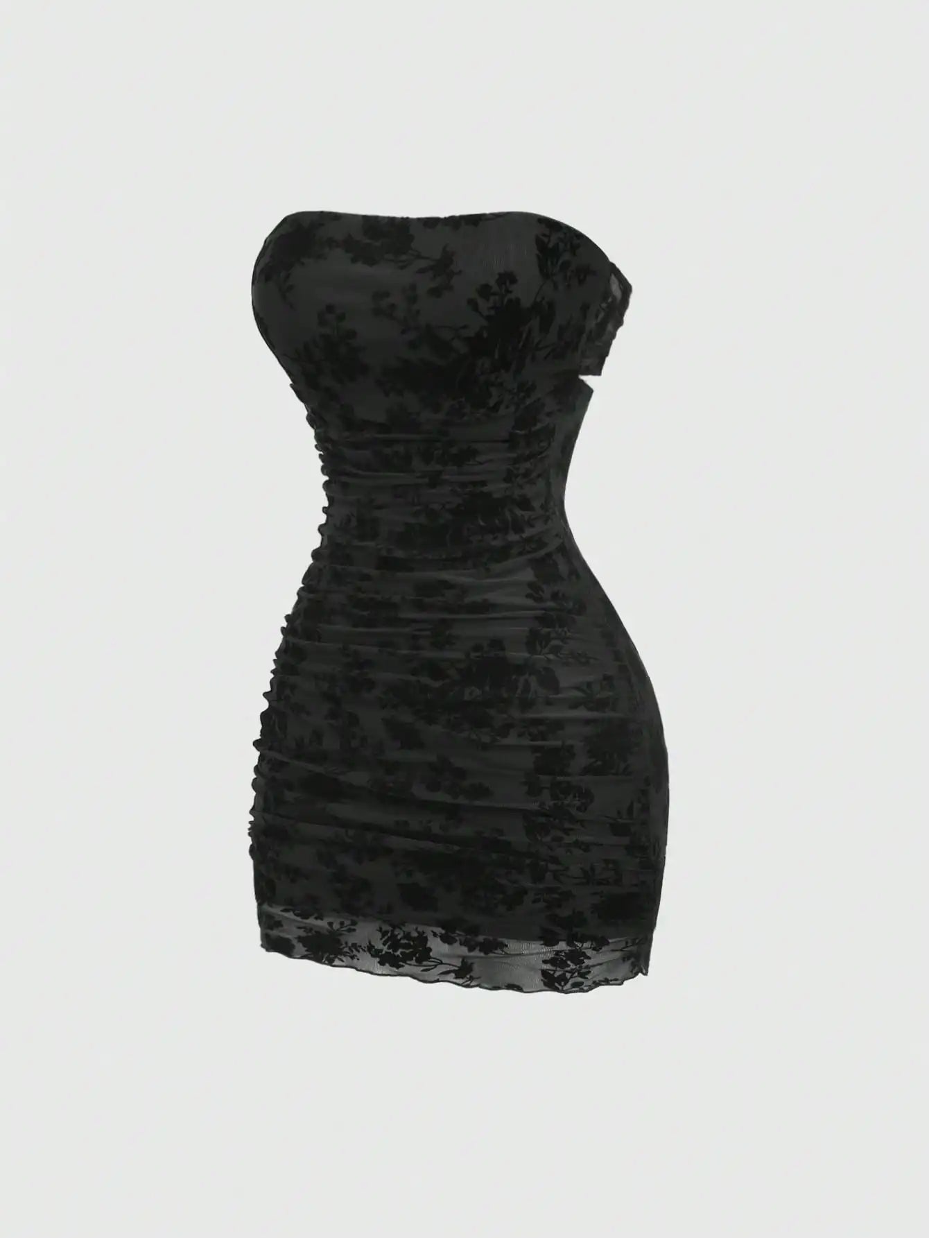 Velvet Floral Print Strapless Ruched Bodycon Mini Dress