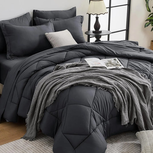 7-Piece Queen Comforter Set, All Season Reversible Bedding with Grey Comforter, Sheets, Pillowcases