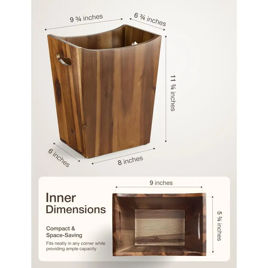 2 Gallons Rectangular Wastebaskets Acacia Wood Waste Basket with Handles Small Trash Can for Bathroom Brown Garbage Bin for Spa